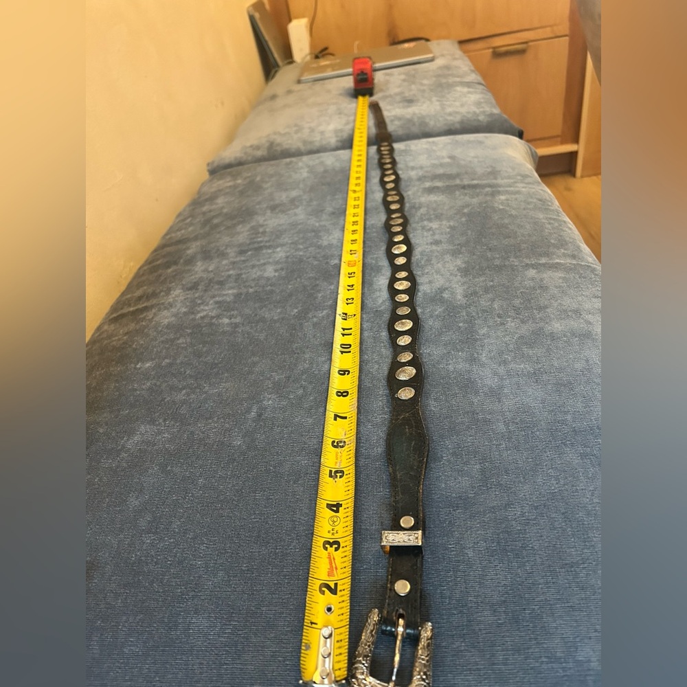 Vintage Black Leather Belt with Silver Accents
